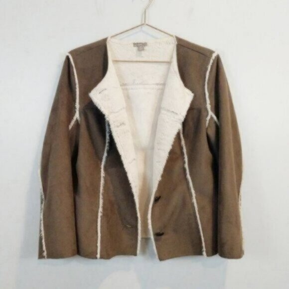 J. Jill Faux Suede fur Button Front Coat Jacket Brown Cream - Picture 7 of 7